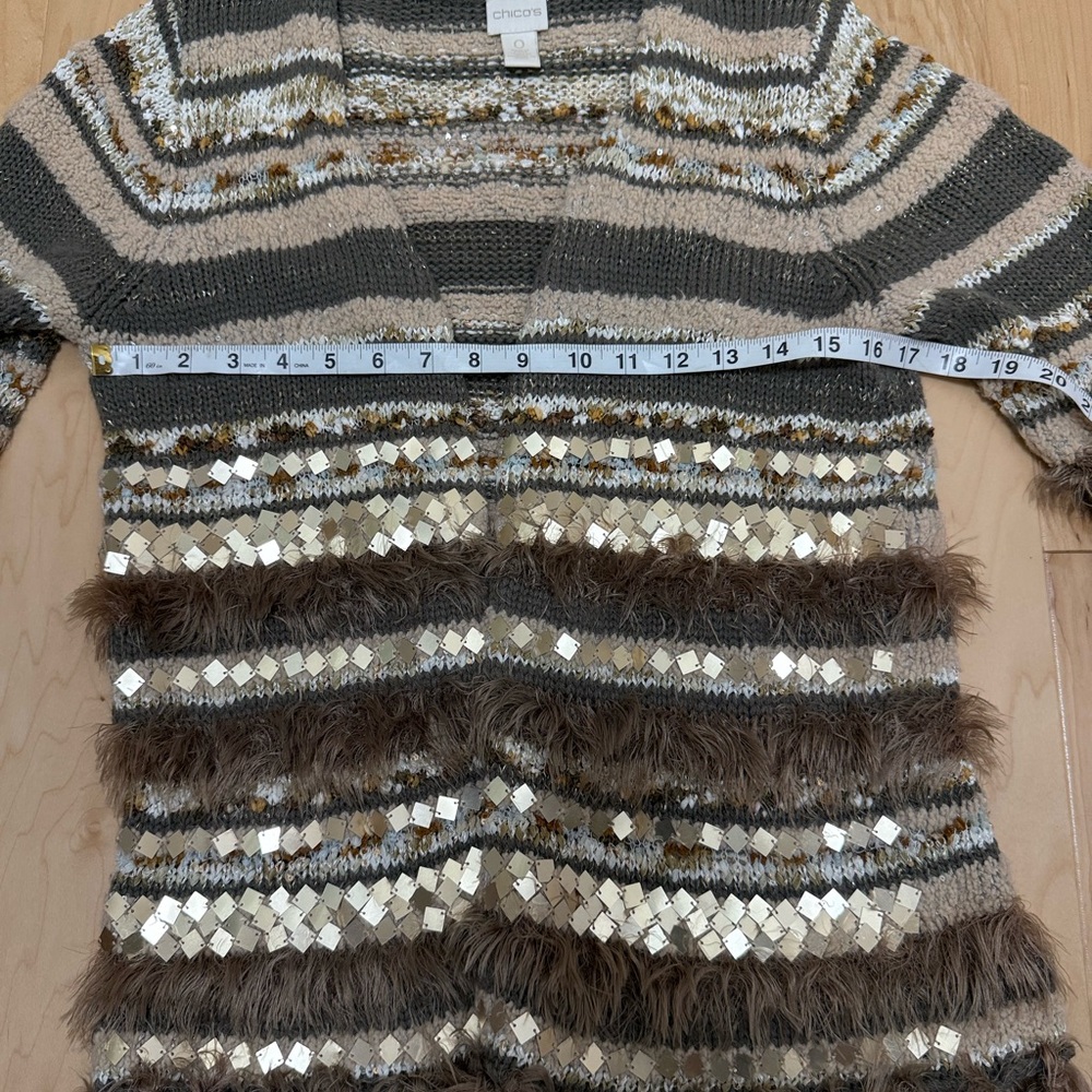 Chicos Open Front Cardigan Sweater Sequin Faux Fur Trim Striped Gold Size 0 - Picture 9 of 11